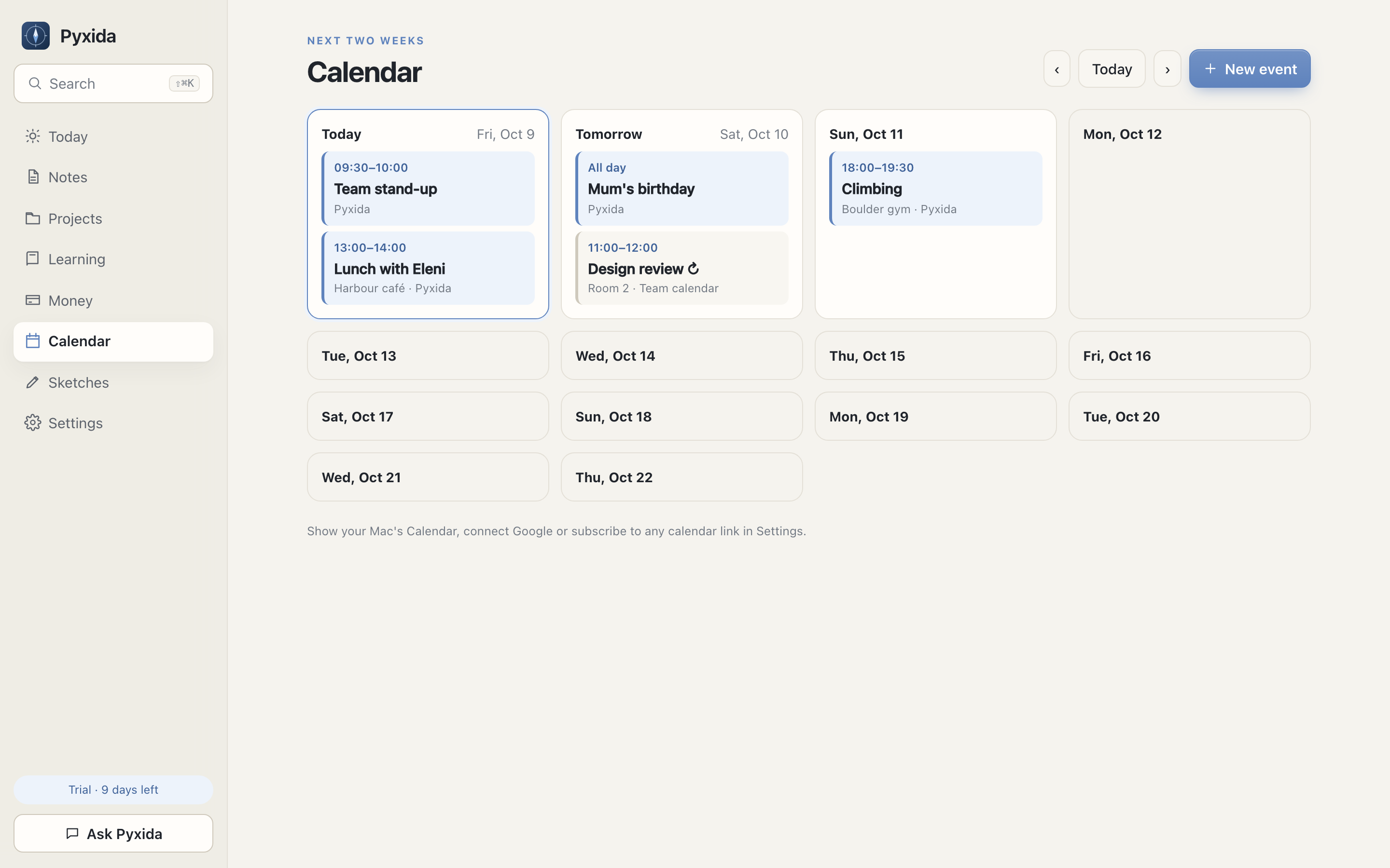 Two weeks of events from several calendars