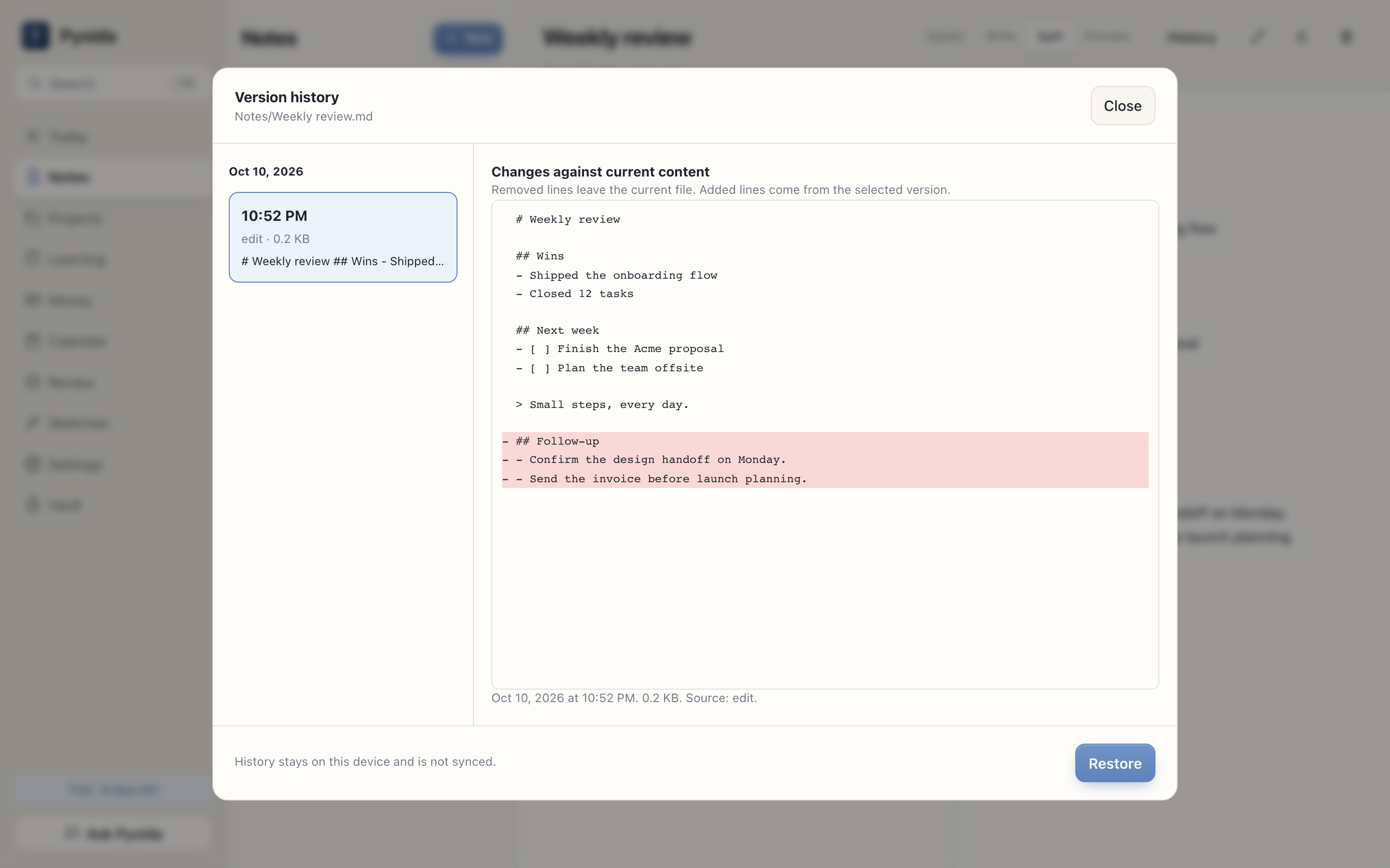 A note's version history with added and removed lines in a diff