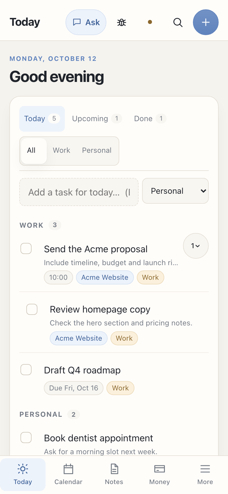Pyxida's phone layout showing fictional tasks and today's event agenda