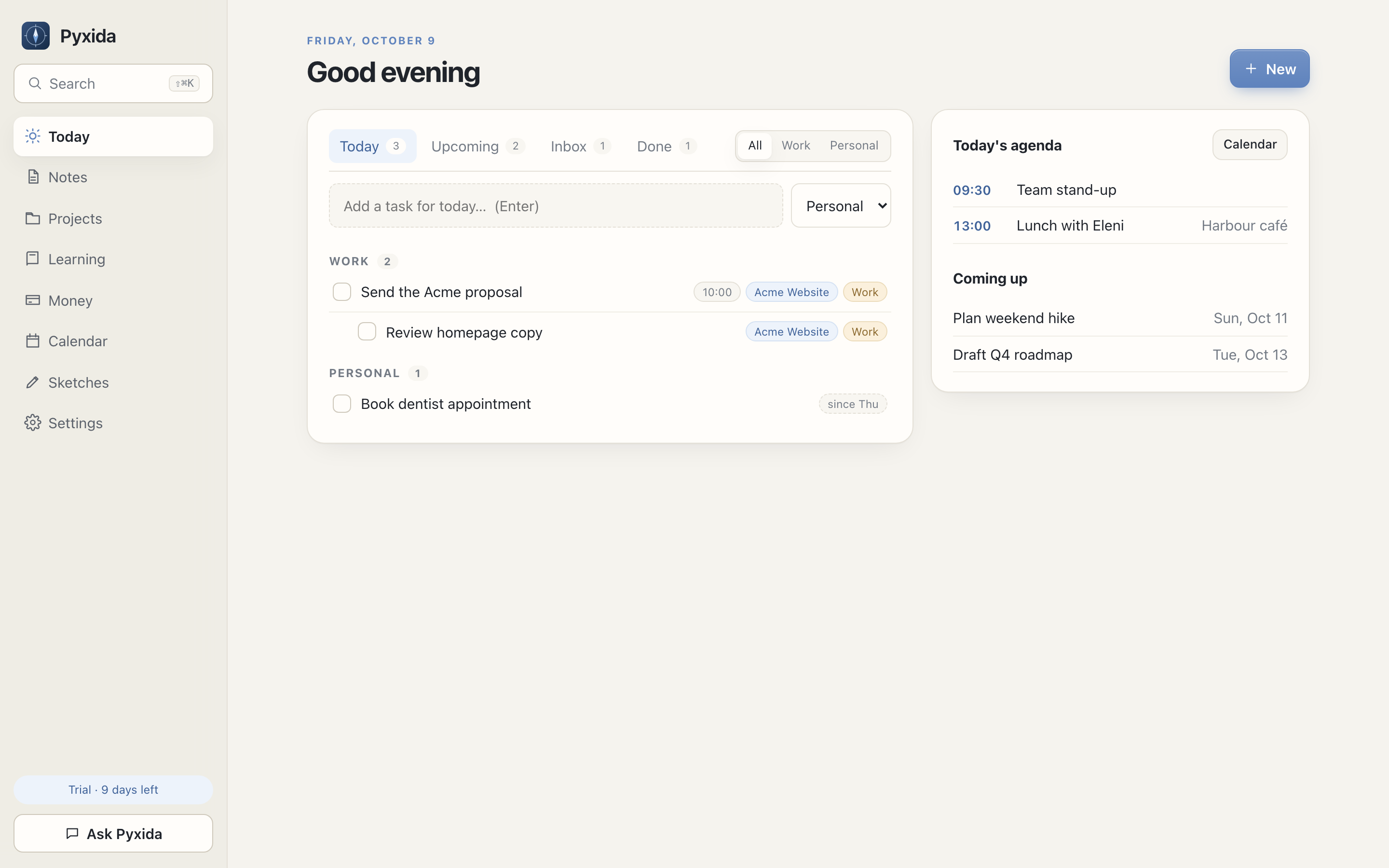 Pyxida's Today view with tasks, agenda and upcoming items