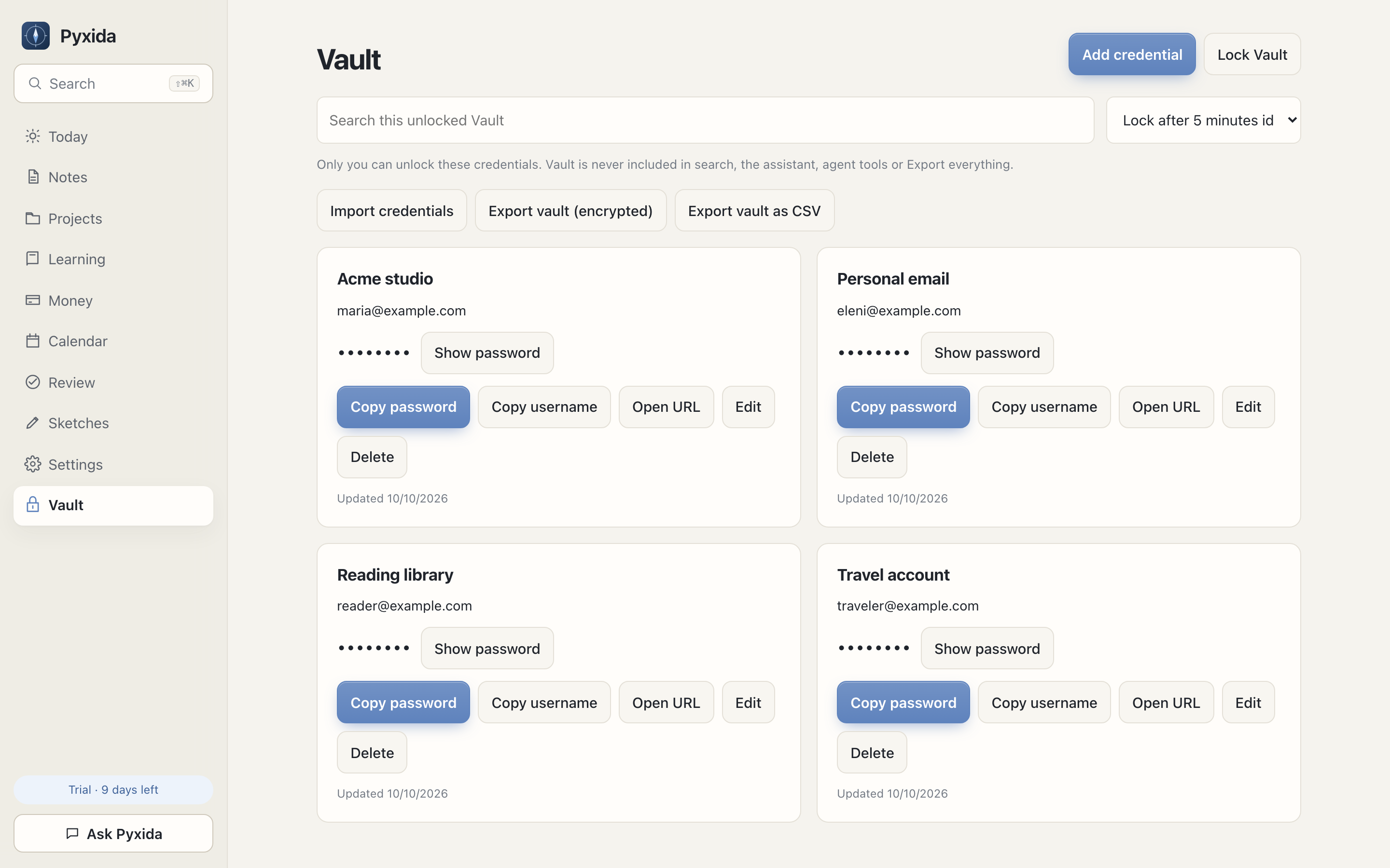 An unlocked Vault list with fictional accounts and no passwords displayed